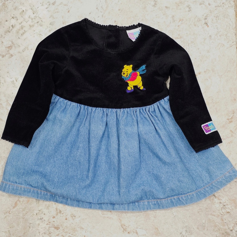 Vintage Disney Winnie the Pooh Black Velour Denim Skirt Dress 18M Long Sleeve